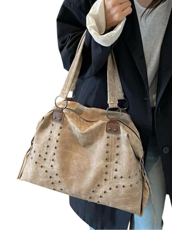 Studded Moto Taupe Shoulder Tote Bag Large